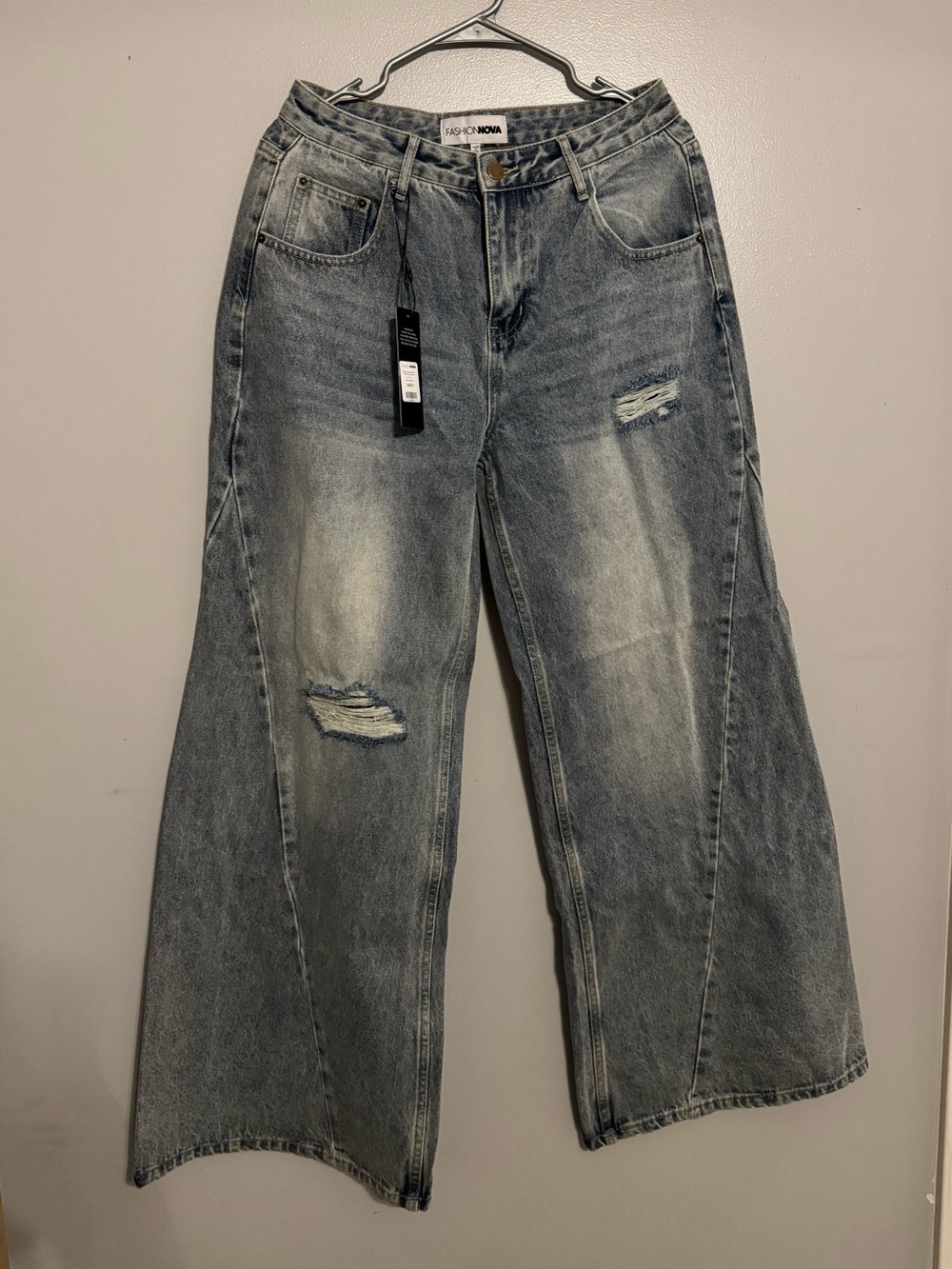 Fashion Nova High-Rise Wide Leg Distressed Jeans in Light Wash